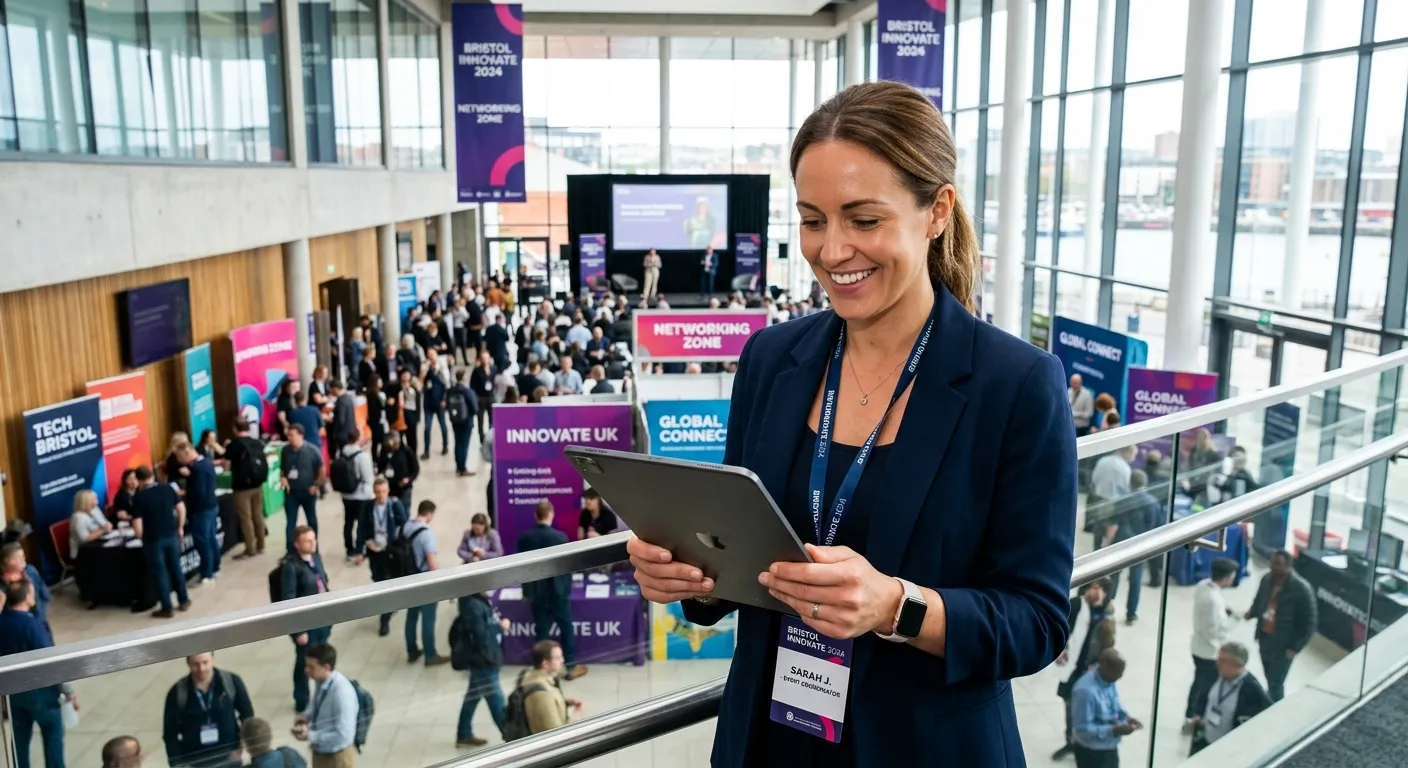 A professional, confident Event Coordinator in a modern conference venue in Bristol, smiling and checking a tablet. Bright, energetic mood, showcasing a bustling event setup.