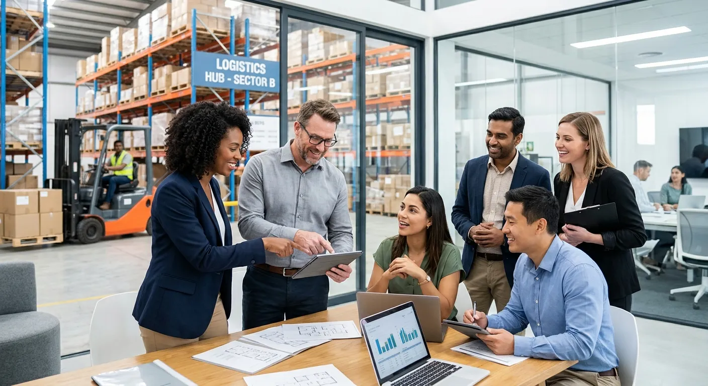 A professional, diverse group of employees in a modern office and warehouse environment, collaborating and looking confident. Style: Corporate, high-resolution, vibrant. Mood: Efficient, collaborative, and successful.