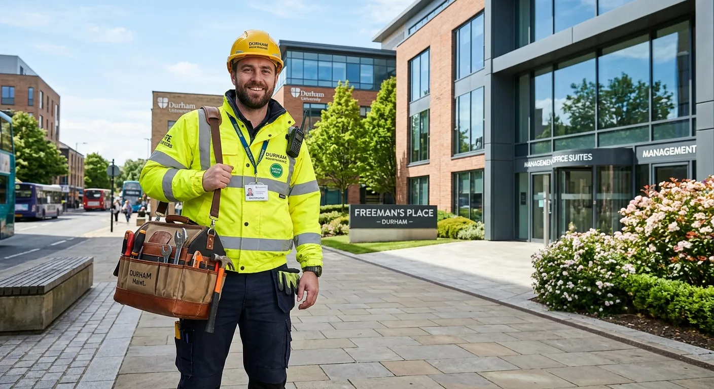 A confident Maintenance Operative wearing high-visibility clothing and carrying a tool bag outside a Durham commercial building, modern professional photography, bright daylight, welcoming and trustworthy mood