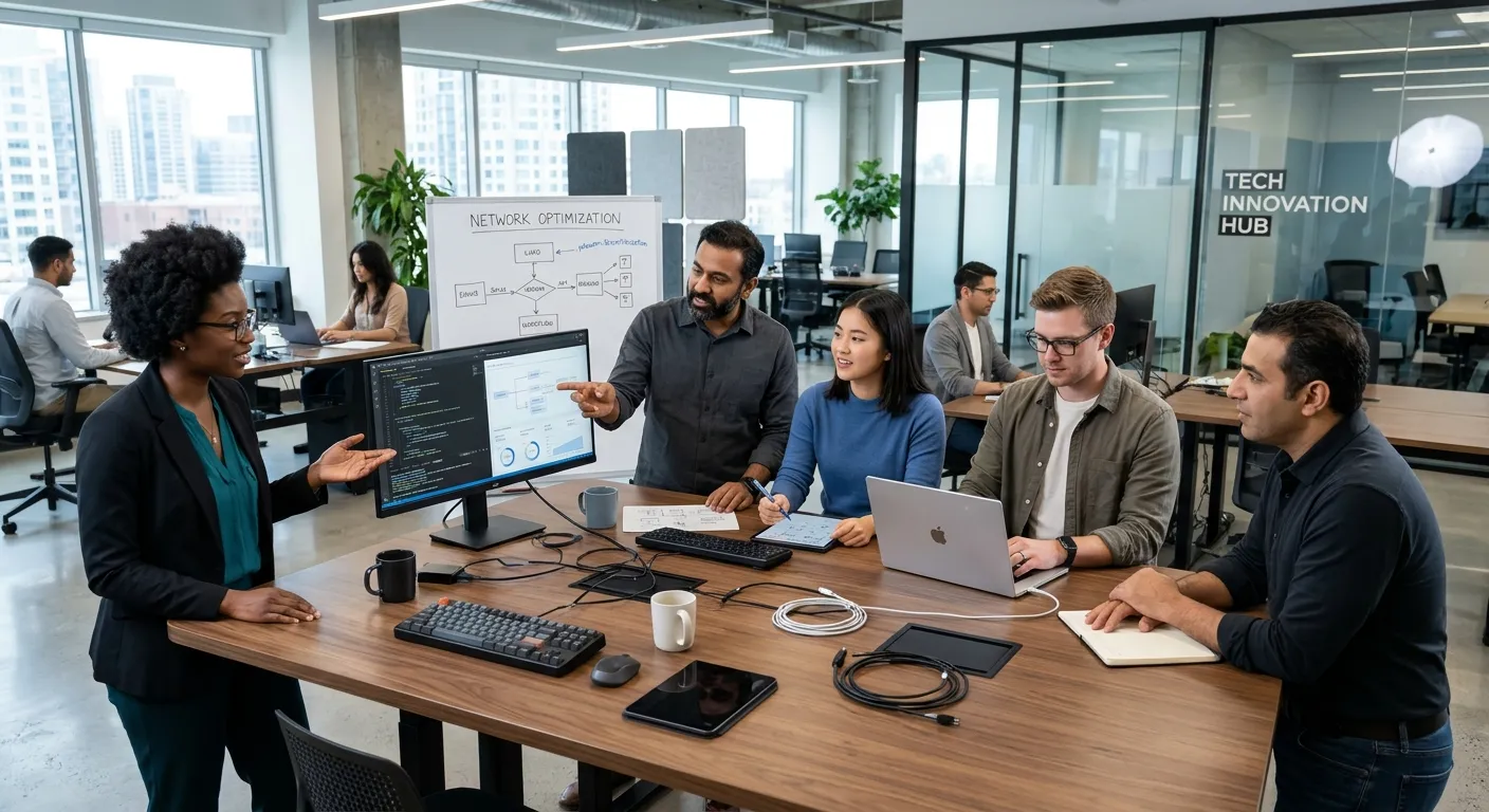 A professional, diverse team of IT specialists collaborating in a modern office environment, with a... A professional, diverse team of IT specialists collaborating in a modern office environment, with a focus on technology and teamwork. Style: corporate, sharp, high-resolution. Mood: innovative, trustworthy, efficient.