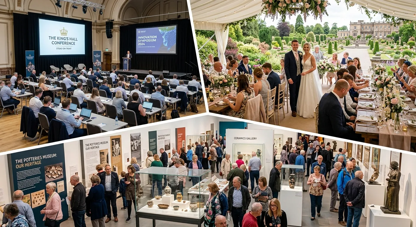 A dynamic collage featuring three images: 1) A modern conference room setup at The King's Hall, 2) An elegant wedding reception in the gardens of Trentham Estate, 3) A bustling cultural exhibition at The Potteries Museum.