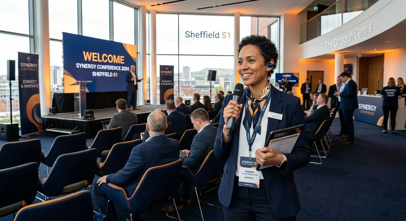 Professional Event Coordinator in Sheffield S1 managing a modern conference setup, warm amber accents, navy corporate style, confident and organised mood