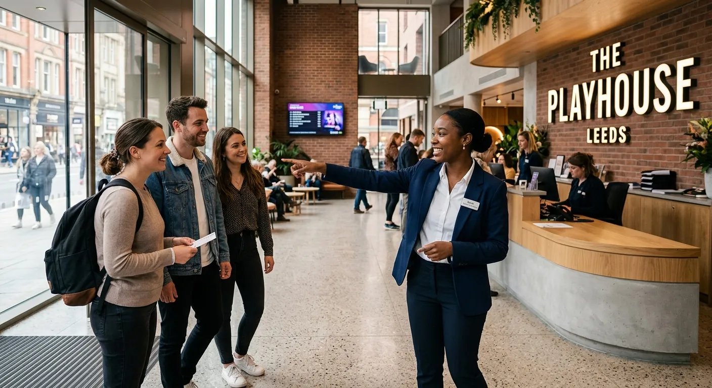 A professional Front of House staff member in a Leeds venue proactively assisting a group of guests,... A professional Front of House staff member in a Leeds venue proactively assisting a group of guests, smiling and pointing the way, with a modern reception area in the background.