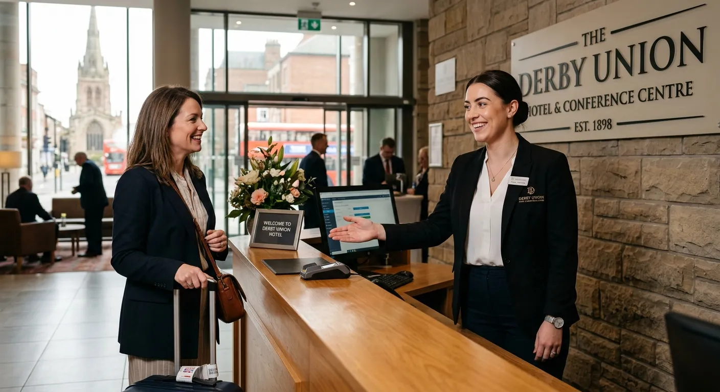 A professional, welcoming Front Of House staff member in a Derby-based hotel or conference centre, g... A professional, welcoming Front Of House staff member in a Derby-based hotel or conference centre, greeting a guest with a smile. The image should convey a sense of polished hospitality and local professionalism.