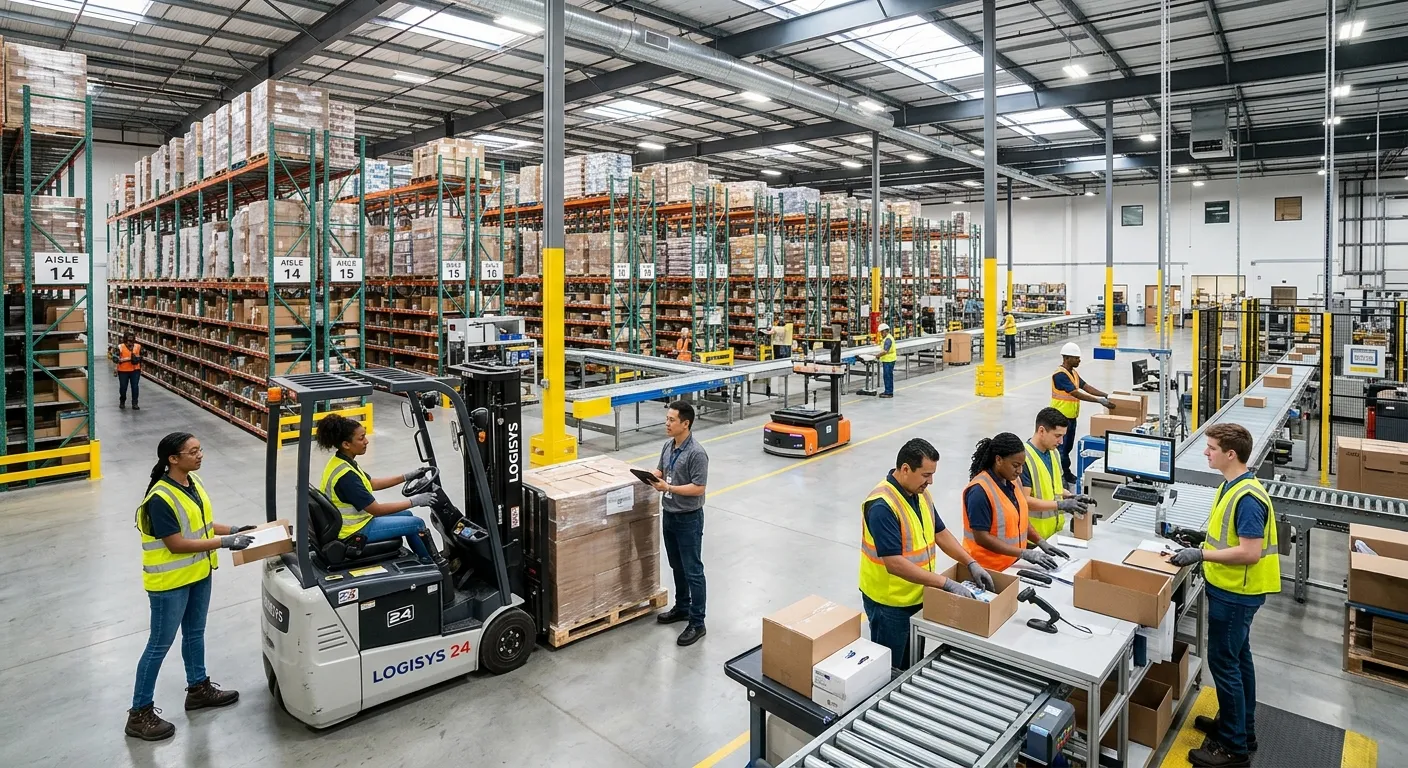 A modern, high-energy warehouse interior with diverse, professional staff operating machinery and ma... A modern, high-energy warehouse interior with diverse, professional staff operating machinery and managing inventory. Bright, clean, and efficient atmosphere, showing teamwork and technology.