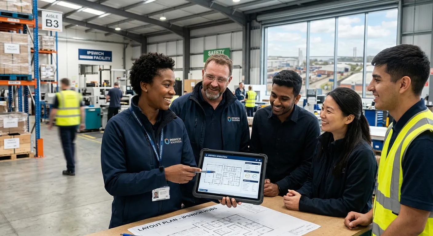 A professional, diverse team of people in a modern warehouse or light industrial setting in Ipswich, collaborating around a tablet. The Team Leader is pointing to a plan, smiling confidently. The mood is energetic, productive, and inclusive. Style: modern business photography with natural lighting.