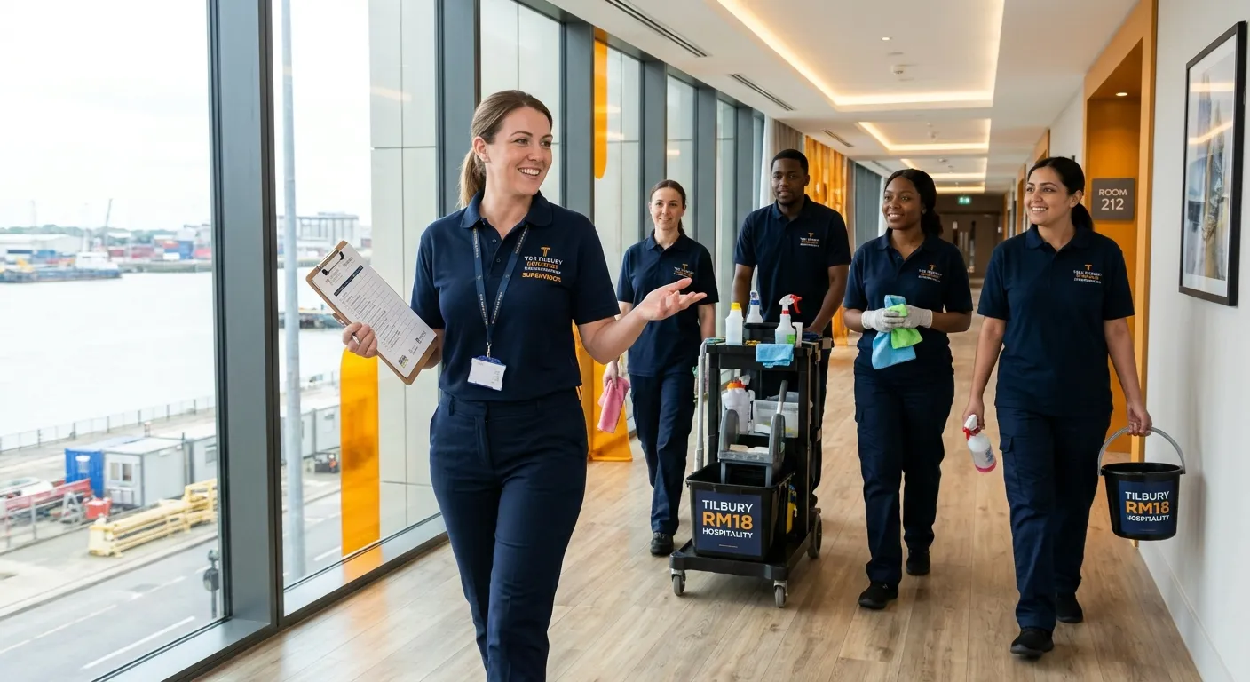 Professional hero image of a Housekeeping Supervisor leading a cleaning team in a modern Tilbury RM1... Professional hero image of a Housekeeping Supervisor leading a cleaning team in a modern Tilbury RM18 hospitality venue, navy and amber branding, bright daylight, realistic UK staffing agency style