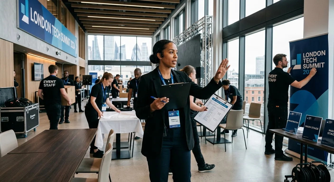 A professional, high-energy photo of an Event Coordinator managing a corporate event setup. The scen... A professional, high-energy photo of an Event Coordinator managing a corporate event setup. The scene shows a focused individual with a clipboard and headset, overseeing a team setting up tables and displays in a modern London venue, conveying organisation and leadership.