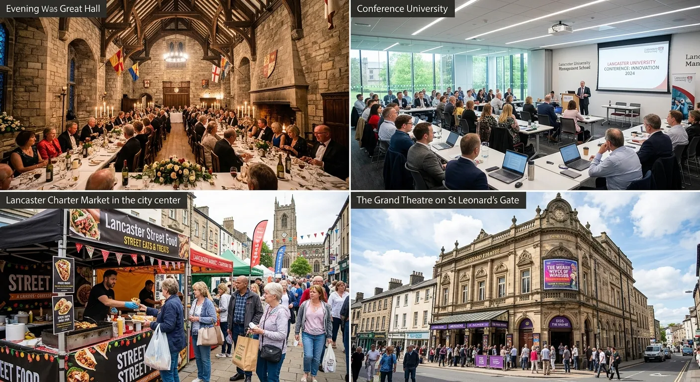 A collage of prominent Lancaster event venues: Lancaster Castle's Great Hall set for a banquet, a modern conference room at Lancaster University, a bustling food market stall, and the exterior of The Grand Theatre.
