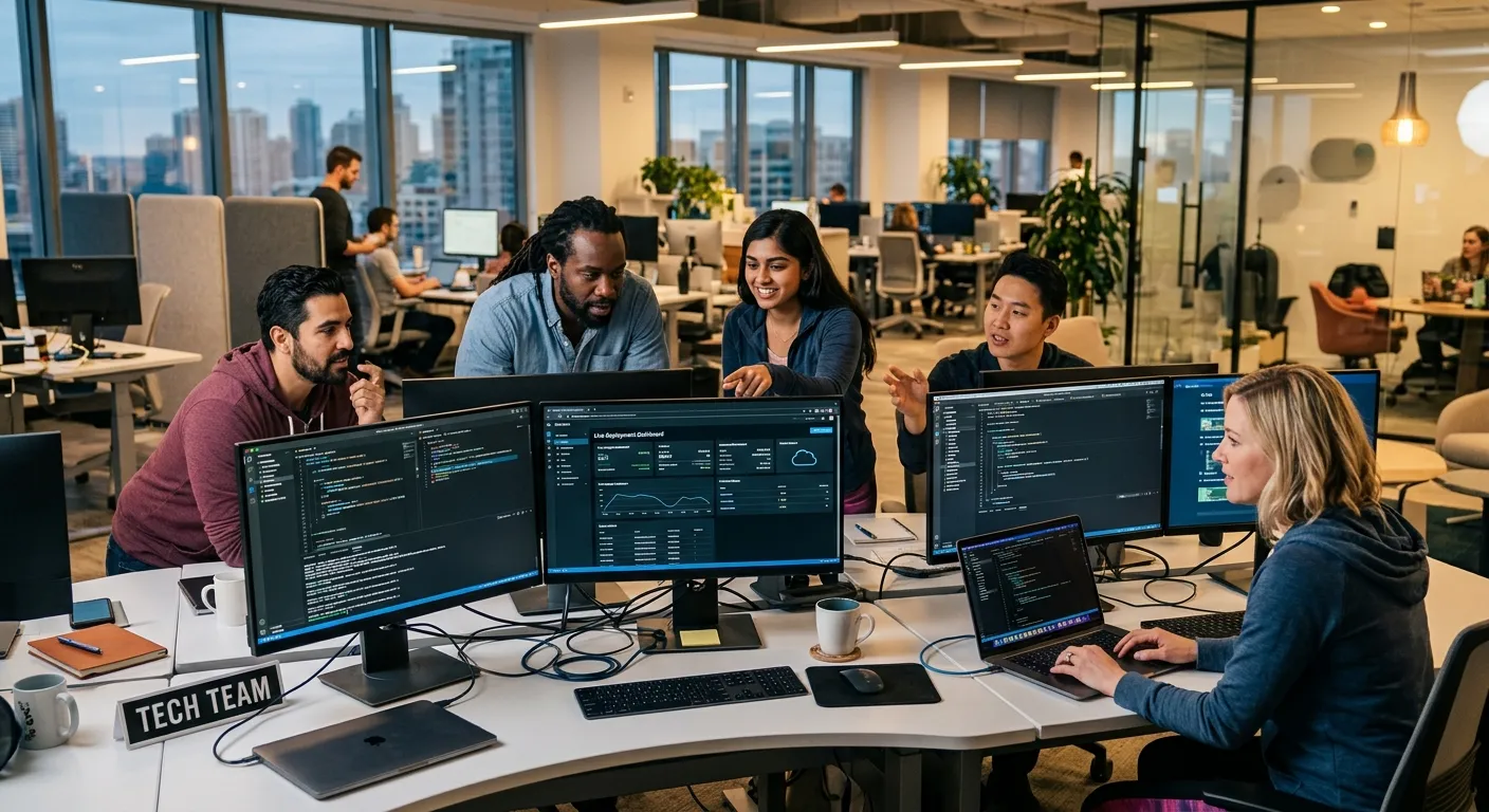 A dynamic, modern office environment showcasing a diverse team of IT professionals collaborating in... A dynamic, modern office environment showcasing a diverse team of IT professionals collaborating in front of multiple computer monitors. The style should be professional and vibrant, with a focus on technology and teamwork.
