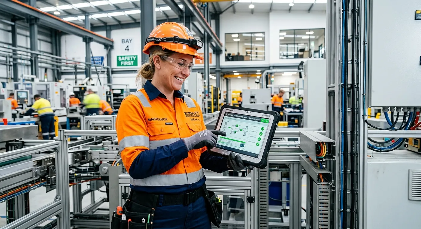 Professional, high-energy photo of a skilled maintenance operative in a clean industrial setting in... Professional, high-energy photo of a skilled maintenance operative in a clean industrial setting in Burnley, wearing high-visibility gear and using a digital tablet to check equipment. Smiling, confident, and engaged. Style: modern, bright, and aspirational.