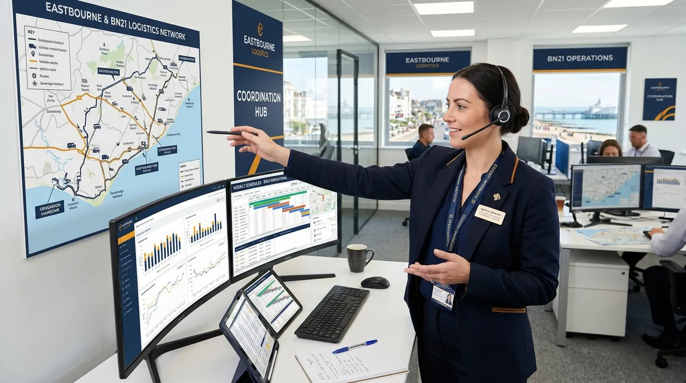 Professional hero image of a Transport Planner coordinating vehicle schedules in Eastbourne BN21, mo... Professional hero image of a Transport Planner coordinating vehicle schedules in Eastbourne BN21, modern logistics office with maps and monitors, navy and amber branding, clean corporate staffing agency style