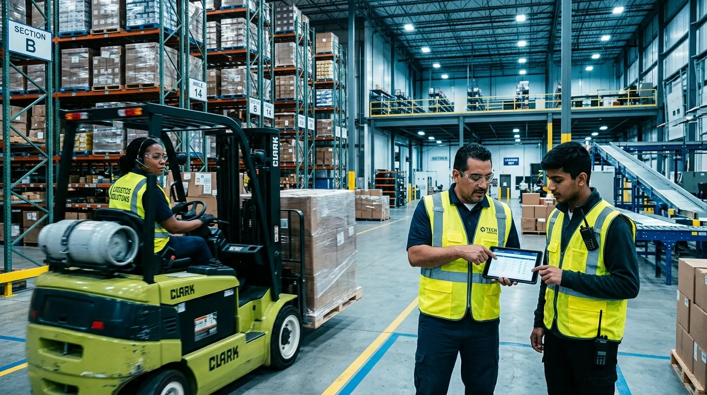 A dynamic, professional hero image featuring a diverse team of logistics workers in a modern, high-bay warehouse. One is operating a forklift, others are coordinating with tablets. The mood is efficient, collaborative, and forward-looking. Style: Clean, high-contrast, with a slight blue tint to align with brand colors.