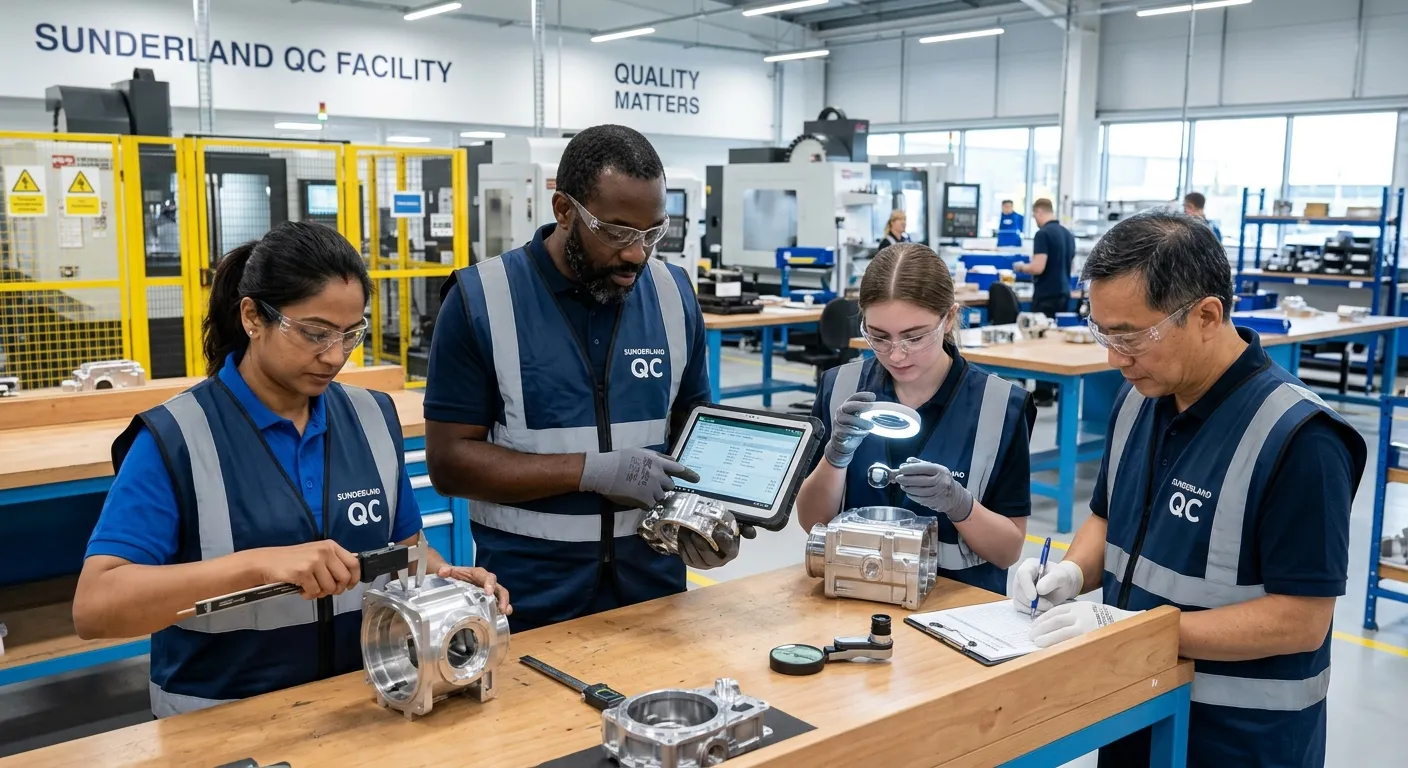 A professional, diverse team of Quality Control Inspectors in a modern industrial facility in Sunderland, examining products with precision tools. Style: Realistic, bright, professional, conveying trust and attention to detail.
