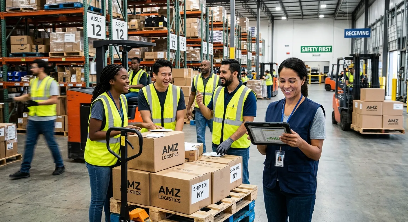 A dynamic, professional photo of a diverse group of temp workers in a modern warehouse setting, smiling and collaborating, with a supervisor checking a tablet. Style: Bright, energetic, high-contrast business photography.