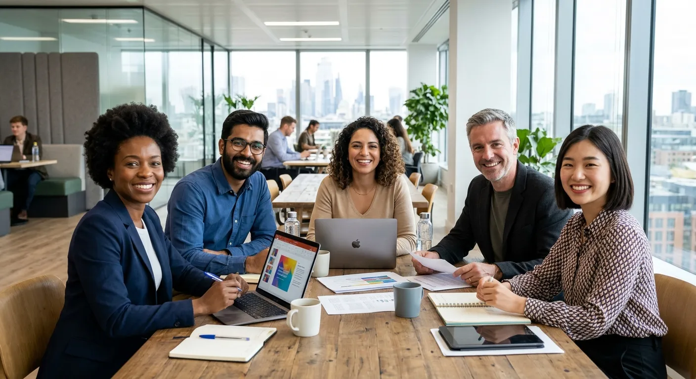 Professional, diverse team of workers in a modern office collaborating, smiling at camera, high-reso... Professional, diverse team of workers in a modern office collaborating, smiling at camera, high-resolution corporate style