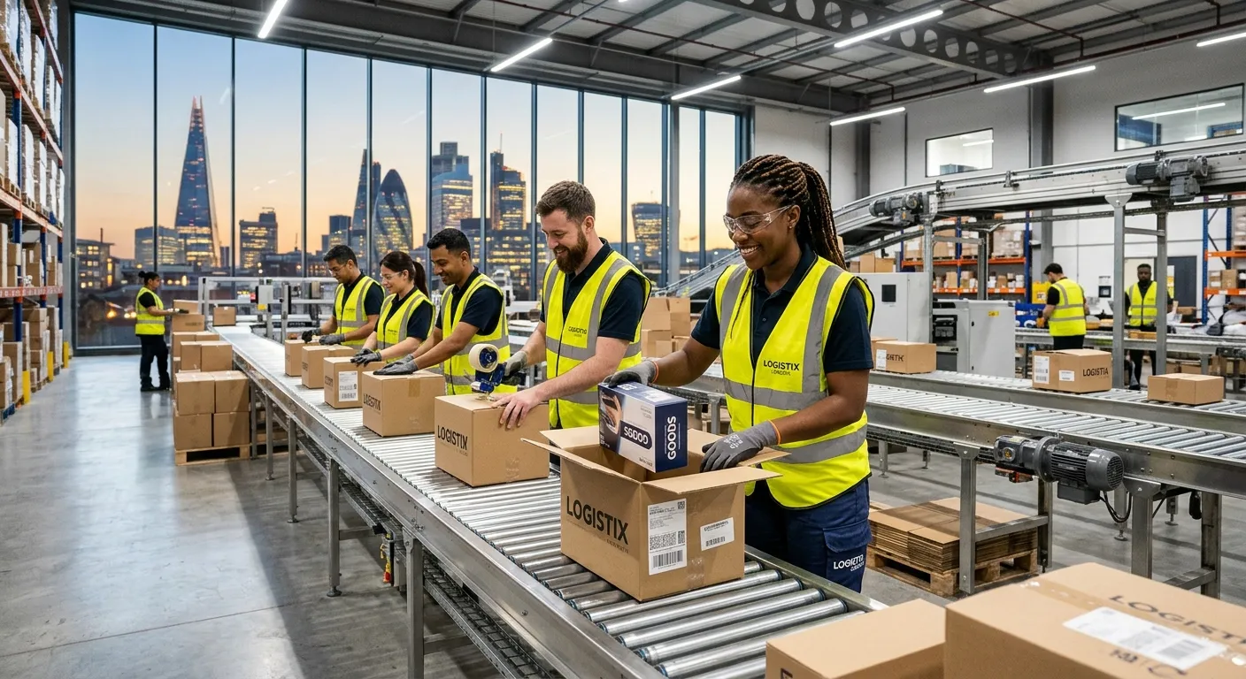 A dynamic, modern photograph of a diverse team of Production Packers in a clean, well-lit London warehouse, efficiently packing goods into boxes on a conveyor belt system. The mood is professional, energetic, and focused, with modern industrial lighting and the London skyline visible through large windows.