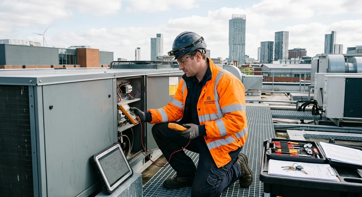 A professional maintenance operative in high-visibility clothing performing routine checks on commercial HVAC equipment in a modern Manchester business facility, showing attention to detail and technical competency