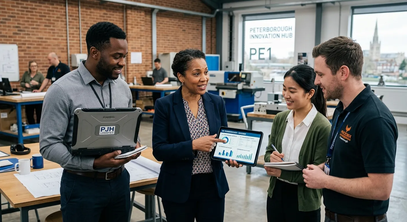 A professional, diverse team of four people in a modern office or light industrial setting, looking... A professional, diverse team of four people in a modern office or light industrial setting, looking engaged and collaborative. One person, the Team Leader, is pointing to a tablet screen showing performance metrics. The mood is confident, productive, and local to Peterborough, with a slight blur to the background to highlight the subjects.