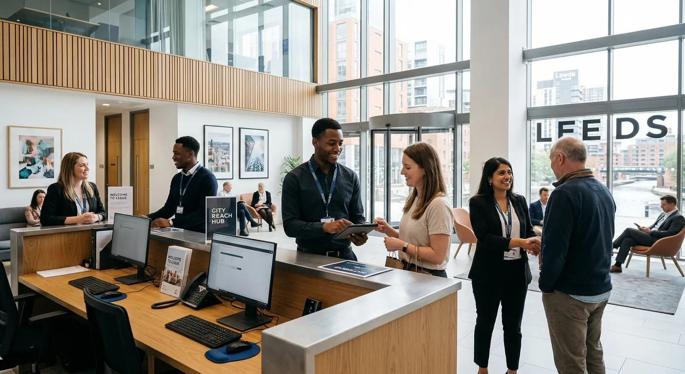 A diverse, professional team of Front of House staff in a modern, bright reception area in Leeds, sm... A diverse, professional team of Front of House staff in a modern, bright reception area in Leeds, smiling and assisting guests. Style: professional, warm, high-quality corporate photography.