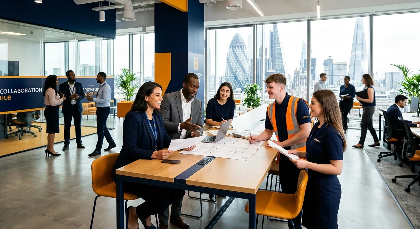 Professional London business district with diverse temporary workers, receptionists, warehouse staff... Professional London business district with diverse temporary workers, receptionists, warehouse staff, and office professionals collaborating in a modern bright workspace, corporate navy and amber branding, high contrast, confident mood