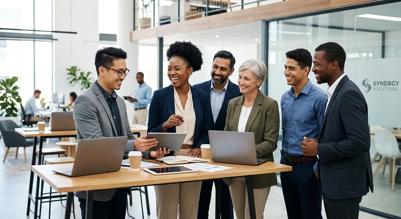 A diverse group of confident professionals in modern business attire, standing together in a bright,... A diverse group of confident professionals in modern business attire, standing together in a bright, contemporary office environment. They are smiling and collaborating, representing a mix of skilled talent. Style: Professional, vibrant, high-resolution corporate photography. Mood: Energetic, successful, and collaborative.