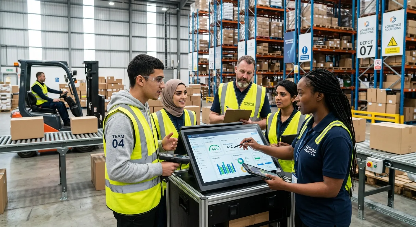 A dynamic, professional photo of a diverse team of warehouse operatives and logistics managers in a modern distribution centre, collaborating over a digital inventory screen. Mood: efficient, modern, and collaborative.