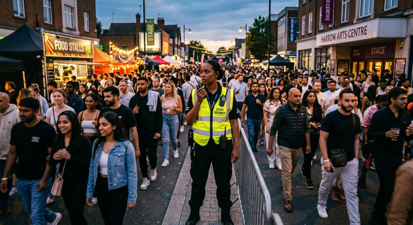 Professional Event Security officer in high-visibility vest monitoring crowd at a large public event in Harrow, professional and authoritative demeanor, dusk lighting
