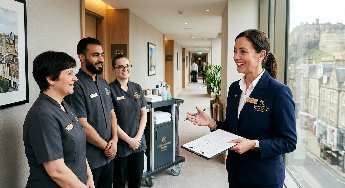 A professional, smiling Housekeeping Supervisor in a smart, branded uniform, leading a team meeting... A professional, smiling Housekeeping Supervisor in a smart, branded uniform, leading a team meeting in a modern, well-lit hotel corridor in central Edinburgh. The image should convey leadership, high standards, and a clean, efficient environment.