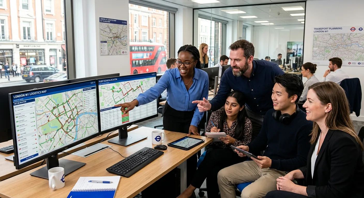 A professional, diverse team of transport planners in a modern London W1 office, reviewing logistics routes on dual monitors. Style: Bright, professional, and energetic. Mood: Collaborative and efficient.