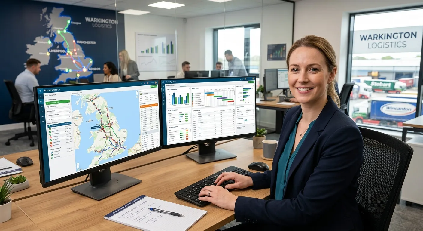 A professional, confident-looking Transport Planner in a modern logistics office in Warrington, using planning software on dual monitors, with a map of the UK and logistics charts visible. Style: professional stock photo, warm and trustworthy mood.
