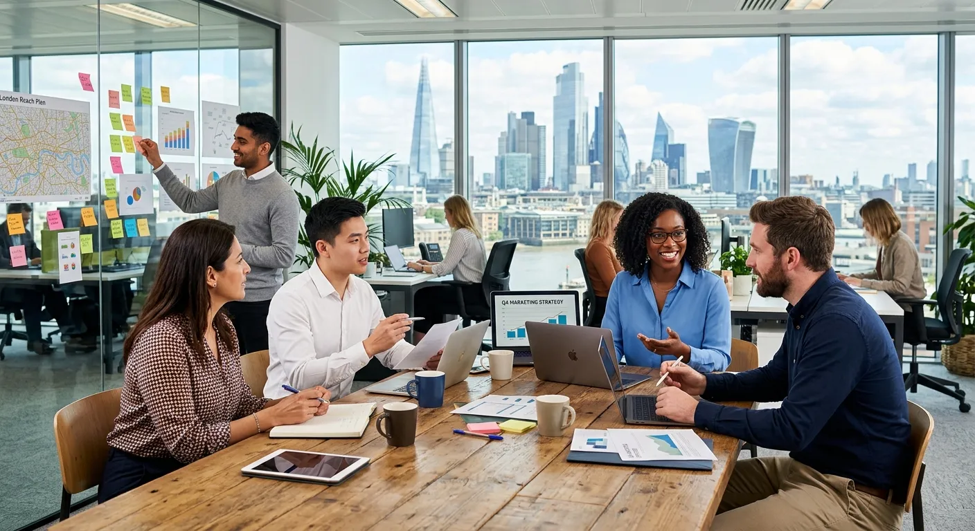 A professional, dynamic shot of a diverse marketing team collaborating in a modern London office, wi... A professional, dynamic shot of a diverse marketing team collaborating in a modern London office, with skyline views in the background. Style is bright, energetic, and corporate.