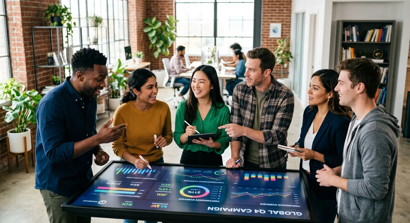 A diverse group of modern marketing professionals collaborating in a bright, stylish office. They are gathered around a digital screen displaying analytics and campaign data. Style: Professional, vibrant, high-energy. Mood: Innovative, collaborative, successful.