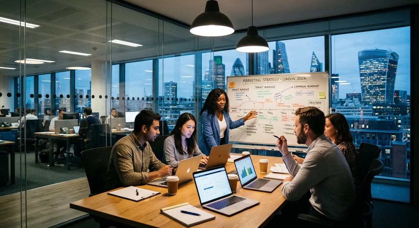 A modern, dynamic office in London with a diverse team of marketing professionals collaborating in a glass-walled meeting room, viewed from a low angle. Moody, professional lighting with a focus on laptops and strategy whiteboards.