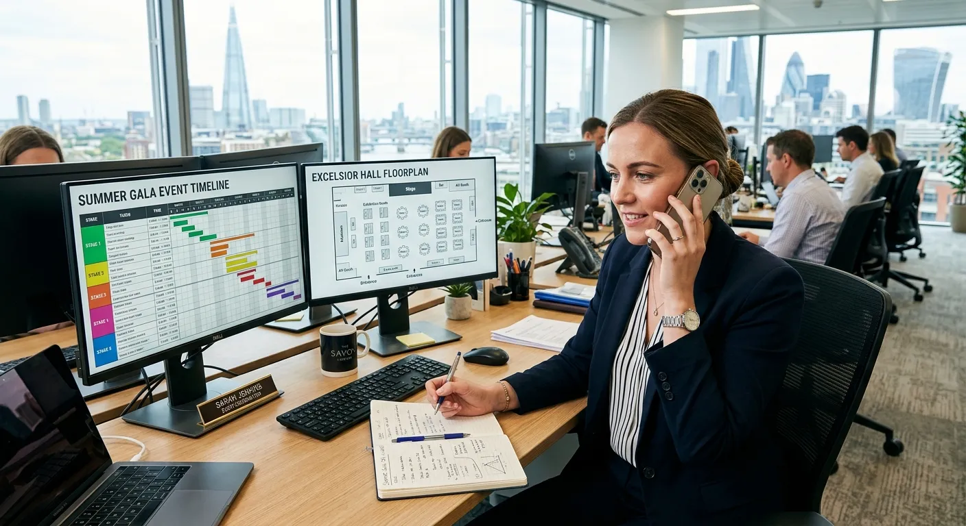 A professional event coordinator at a desk in a modern London office, with two large monitors showing an event timeline and a floorplan, a notebook open, and a phone to their ear.