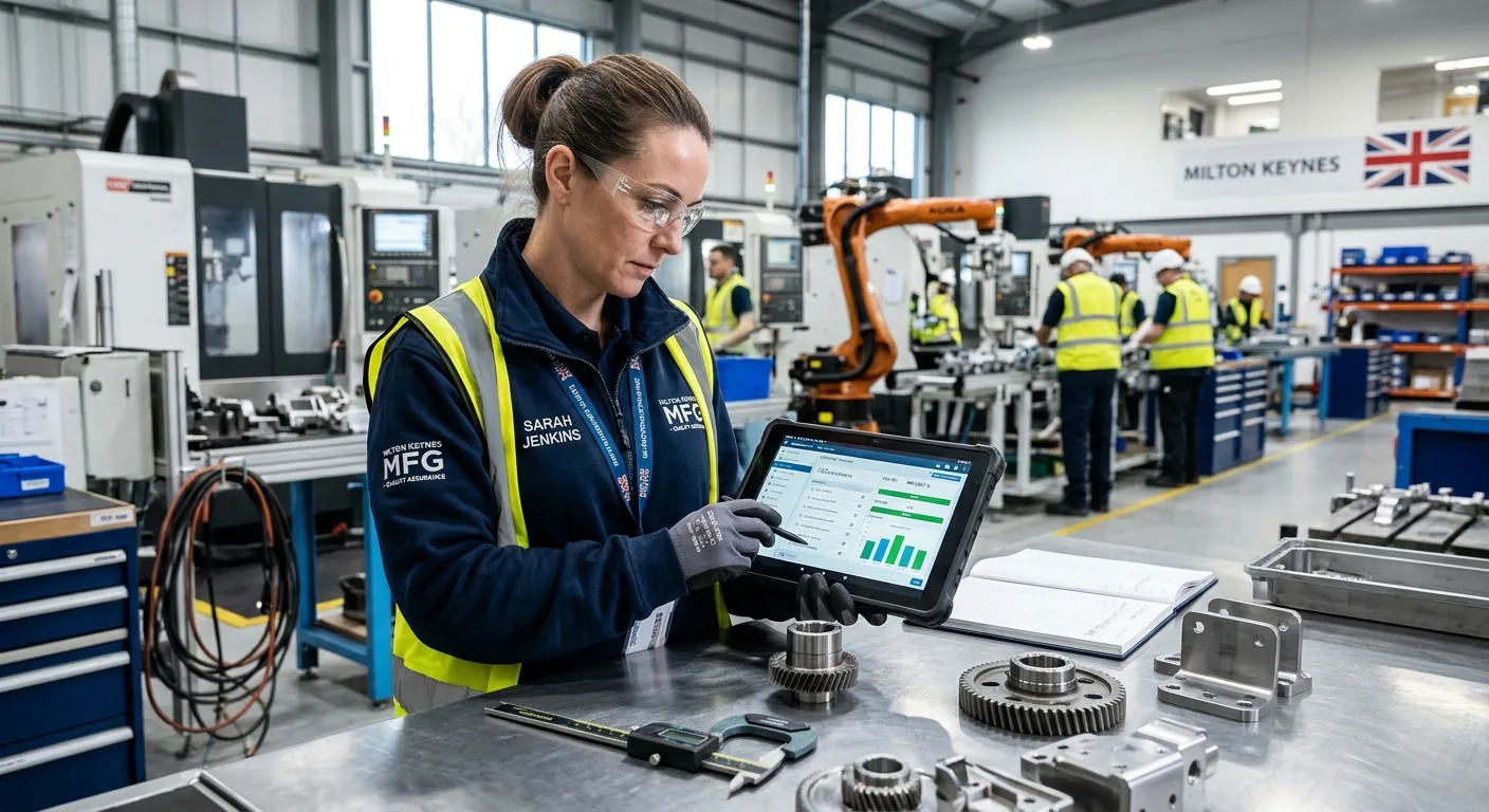 Professional hero image showing a focused Quality Control Inspector in a modern industrial or manufacturing setting in Milton Keynes, using a digital tablet to check components. Style: realistic, high-quality, conveying precision and professionalism.