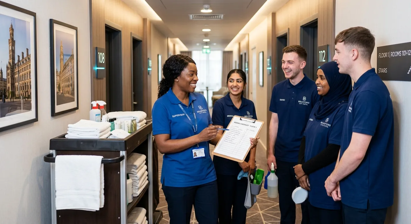 A professional, diverse team of housekeeping staff in a modern hotel corridor in Bradford, smiling and collaborating. The supervisor is holding a checklist, demonstrating leadership. Style is bright, clean, and aspirational.
