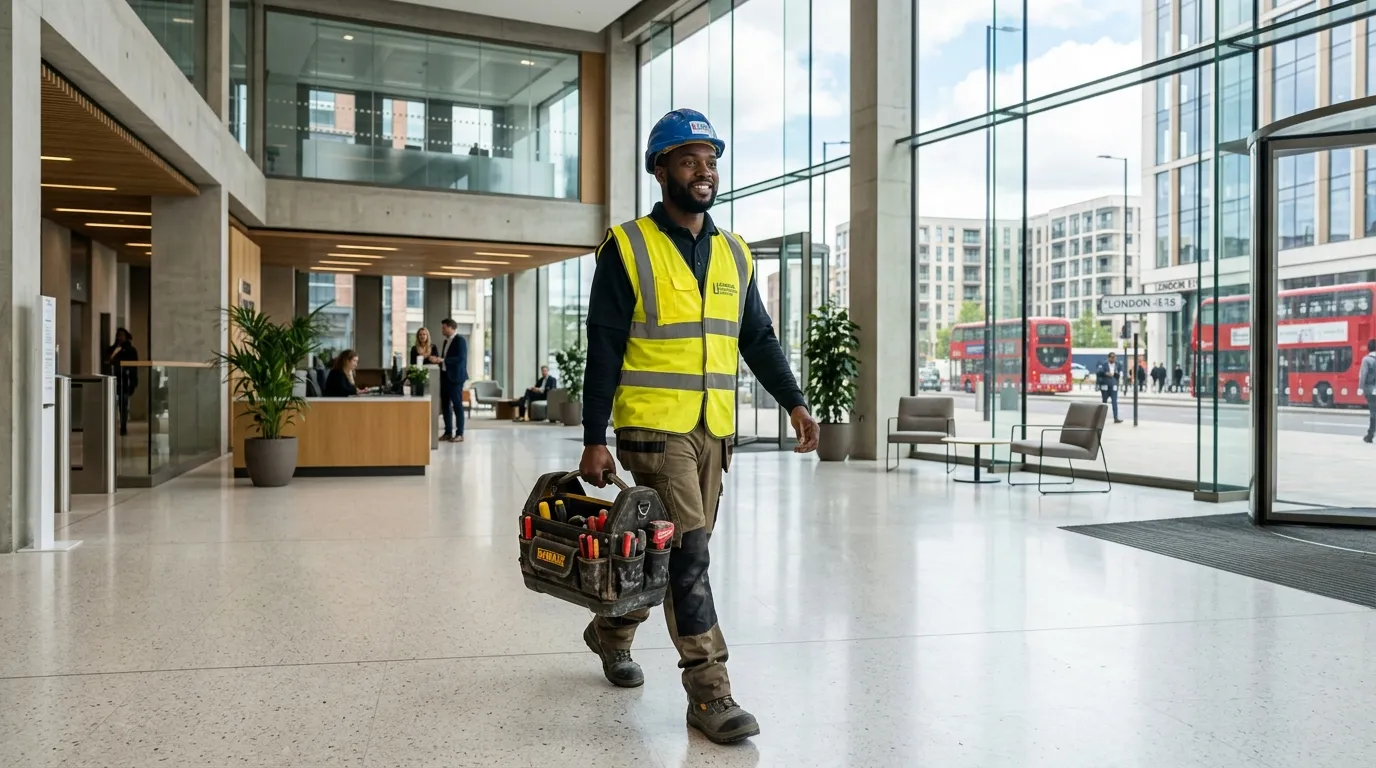 Professional hero image of a Maintenance Operative wearing a high-visibility vest and hard hat, carrying a toolkit, walking through a modern commercial building lobby in London E15. Bright, clean, trustworthy, enterprise staffing agency style.