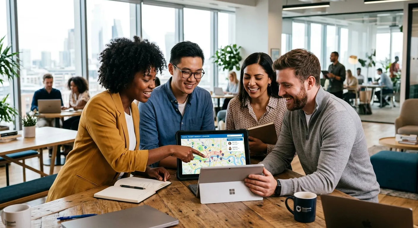 Modern, diverse group of professionals in a bright office setting, looking at a digital map on a tab... Modern, diverse group of professionals in a bright office setting, looking at a digital map on a tablet, symbolizing local talent search and connection. Professional, optimistic mood.