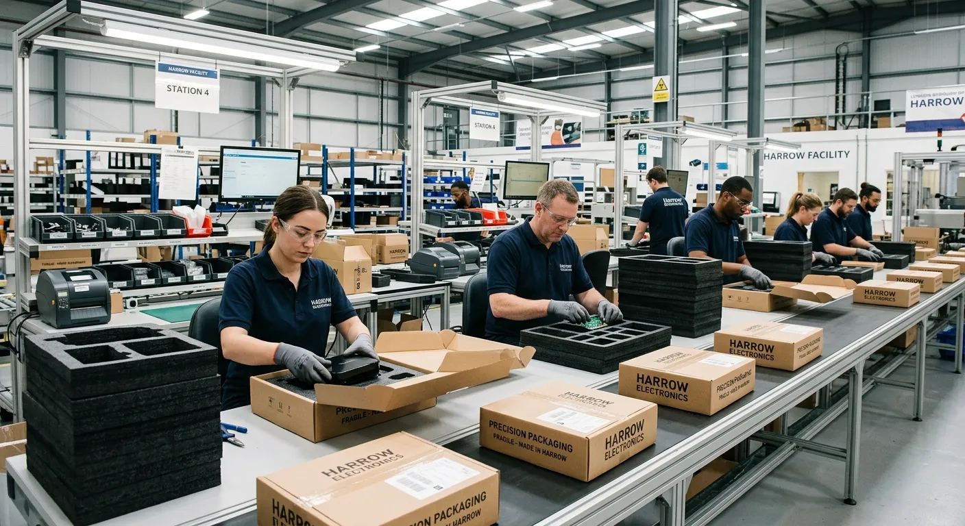 A modern, well-lit industrial packing line in a Harrow-based facility, showing workers packing electronics into custom foam inserts, highlighting precision and organisation.