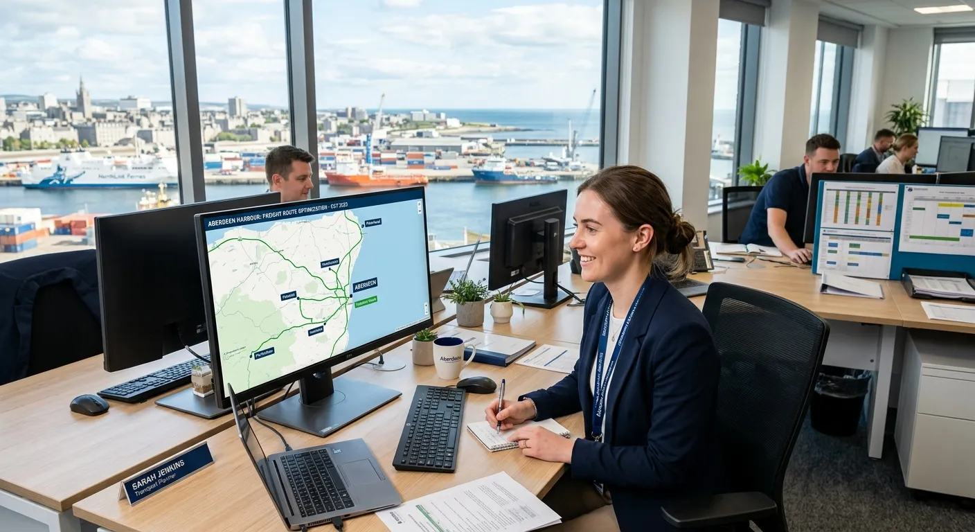 A professional, optimistic shot of a Transport Planner at work in a modern Aberdeen logistics office. They are reviewing a digital route map on a large monitor, with a window showing a view of Aberdeen harbour in the background. Style is bright, modern, and focused.