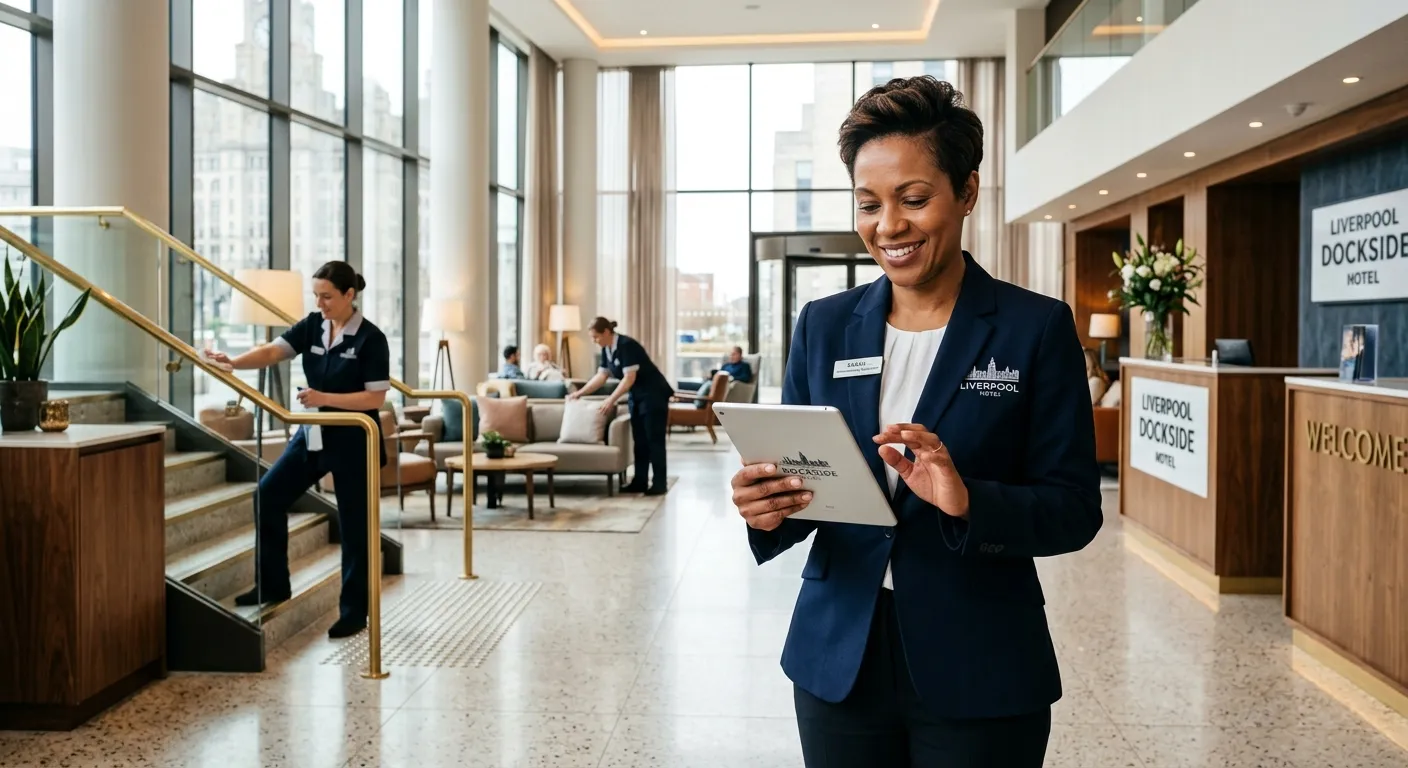 A professional, confident Housekeeping Supervisor in a modern hotel or corporate building in Liverpool, smiling and holding a tablet, overseeing a clean, bright lobby area. Style: professional stock photo, warm and trustworthy mood.