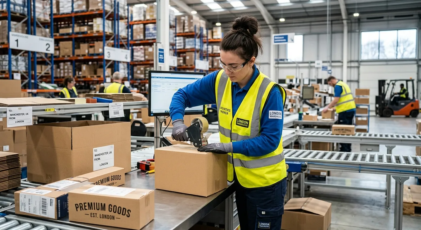 A professional, action-oriented photo of a Production Packer in a modern, clean warehouse or factory... A professional, action-oriented photo of a Production Packer in a modern, clean warehouse or factory environment in London. The individual is efficiently packing high-quality products, wearing appropriate safety gear and a hi-vis vest. The mood is industrious, efficient, and focused.